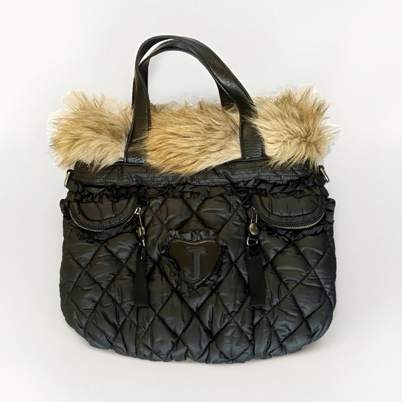 Juicy Couture Handbags - Y2K vintage juicy couture black diamond nylon brown faux fur trim top handle bag